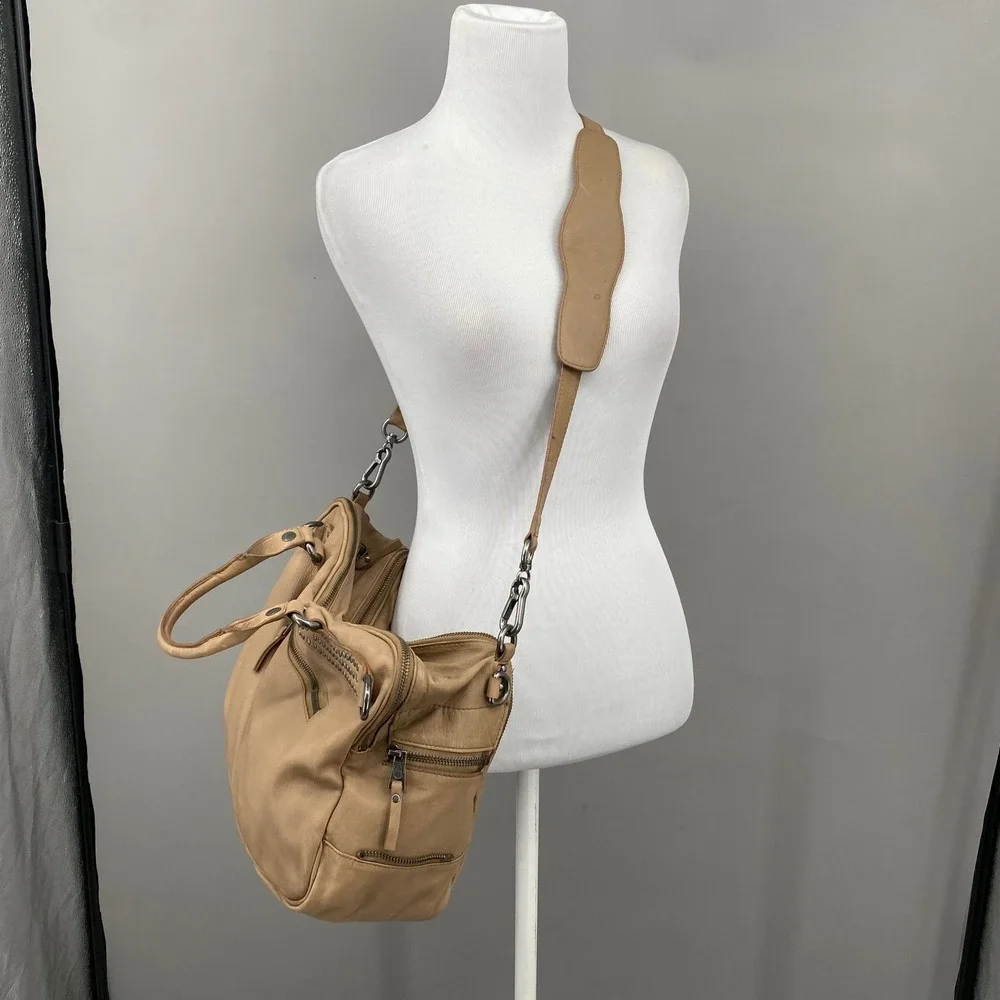 ASH Tan Leather Studded Satchel Crossbody Bag Multi Pocket Gunmetal‎ Hardware